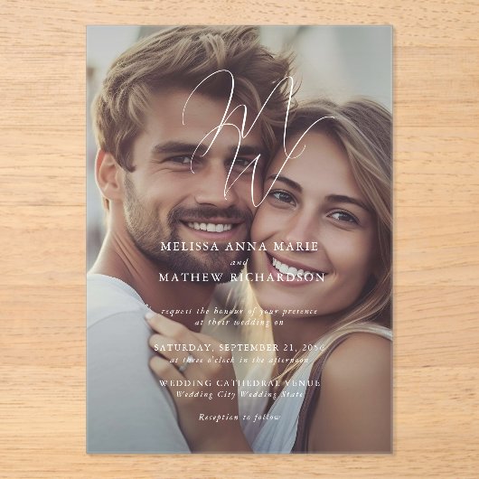 モノグラムエレガントスクリプトフォト結婚ズ アクリル招待状 (正面)