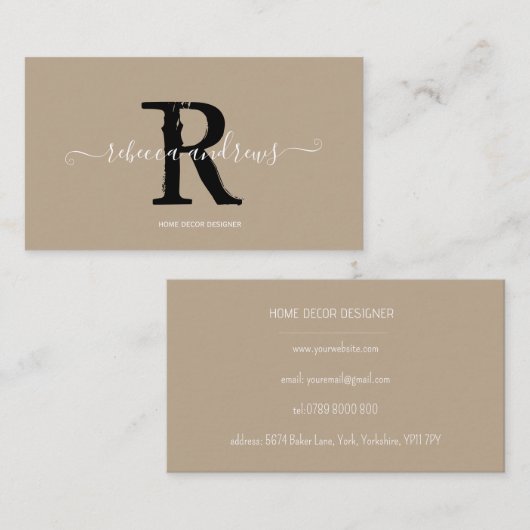 モノグラムエレガントスクリプト名イニシャルTaupe 名刺 (正面/裏面)