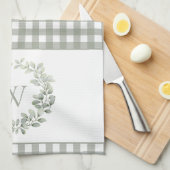 モノグラムエレガントセージ白いプレイド キッチンタオル (四つ折り)