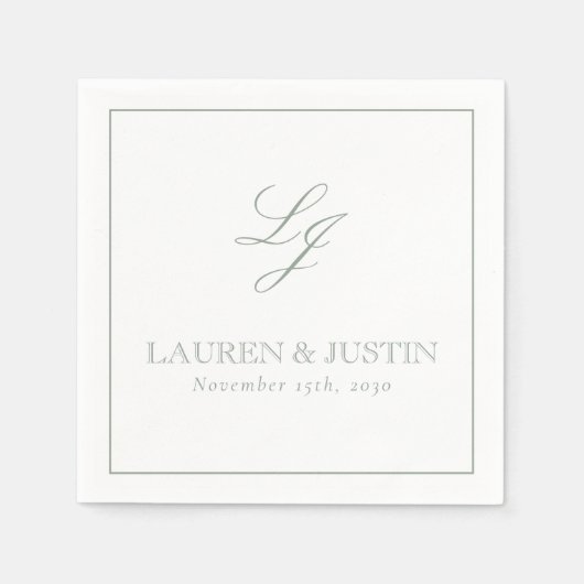 モノグラムエレガントセージ緑シンプルスクリプ結婚ト スタンダードカクテルナプキン (正面)