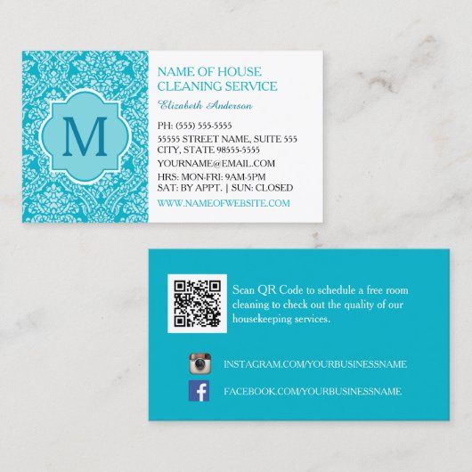 モノグラムエレガントターコイズダマスクハウスキーピング 名刺 (正面/裏面)
