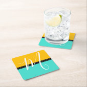 モノグラムエレガントターコイズ&アンバーカ無地のラー スクエアペーパーコースター (インサイチュ)