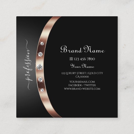 モノグラムエレガントダイヤモンドを使用したブラックおよびバラ金ゴールド スクエア名刺 (裏面)