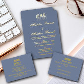 モノグラムエレガントダスティブルーと金ゴールド結婚ズ 箔招待状