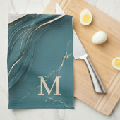 モノグラムエレガントダークティール(緑がかった色)金ゴールドマーブル キッチンタオル (四つ折り)