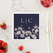 モノグラムエレガントダークネイビー水彩花 スタンダードカクテルナプキン (インサイチュ)