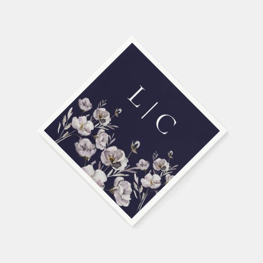 モノグラムエレガントダークネイビー水彩花 スタンダードカクテルナプキン (角)