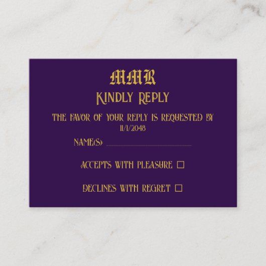 モノグラムエレガントダークパープルと金ゴールドRSVP エンクロージャーカード (正面)