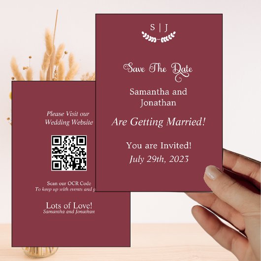 モノグラムエレガントダーク赤い宝石トーン保存日カード 招待状