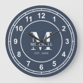 モノグラムエレガントネイビーブルーカスタムファミリー名 ラージ壁時計 (正面)