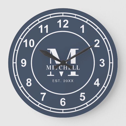 モノグラムエレガントネイビーブルーカスタムファミリー名 ラージ壁時計 (正面)