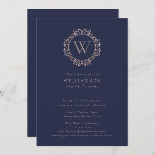 モノグラムエレガントネイビーブルーファミリー懇親会 招待状 (正面/裏面)