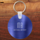 モノグラムエレガントネイビーブルーフェイクブラシ仕上げ金属 キーホルダー (正面)