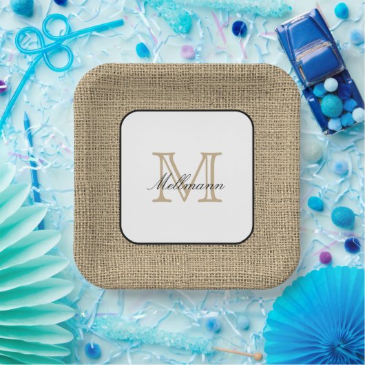 モノグラムエレガントネームシックファームハウススタイルバーラップ ペーパープレート (パーティー)