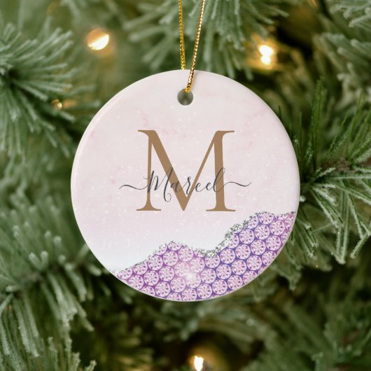 モノグラムエレガントバラピンクグリッター セラミックオーナメント (ツリー)