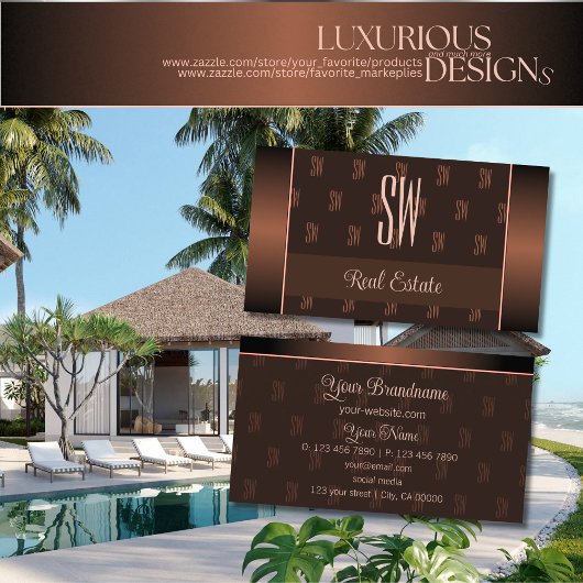 モノグラムエレガントパターンプロフェッショナル付きブラウン 名刺