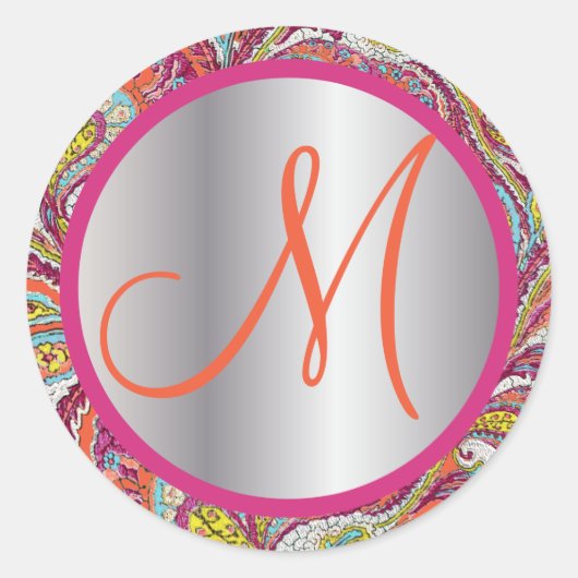 モノグラムエレガントピンクとシルバーのヴィンテージペイズリー ラウンドシール (正面)