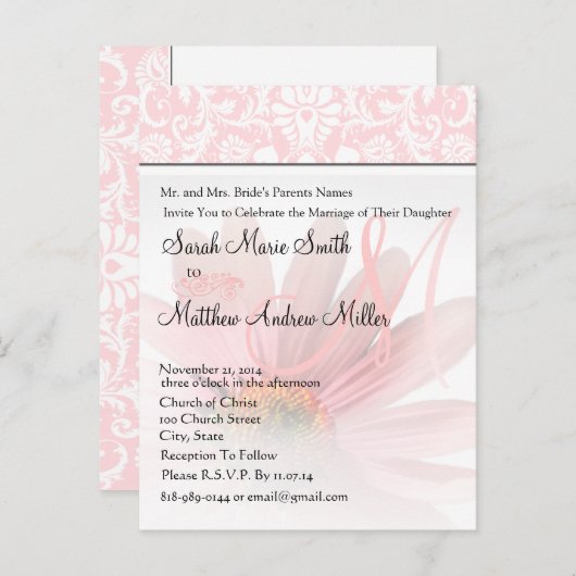 モノグラムエレガントピンクデイジー結婚式招待状 インビテーションポストカード (正面/裏面)