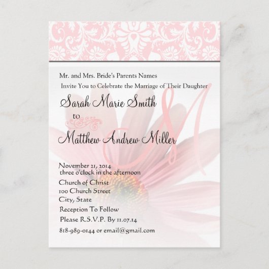 モノグラムエレガントピンクデイジー結婚式招待状 インビテーションポストカード (正面)