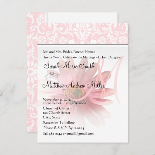 モノグラムエレガントピンクデイジー結婚式招待状 インビテーションポストカード (正面/裏面)