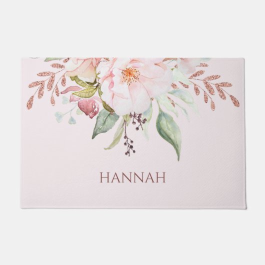 モノグラムエレガントピンクローズと牡丹フローラ ドアマット (正面)