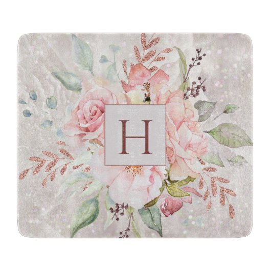 モノグラムエレガントピンクローズピーオンフローラルマーブル カッティングボード (正面)