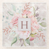 モノグラムエレガントピンクローズピーオンフローラルマーブル ガラスコースター (正面)