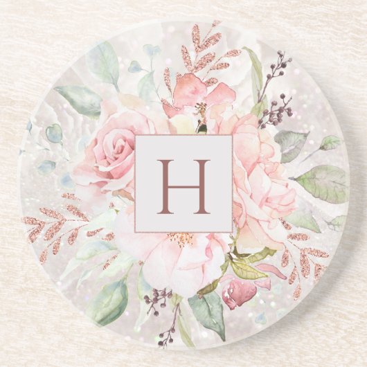 モノグラムエレガントピンクローズピーオンフローラルマーブル コースター (正面)