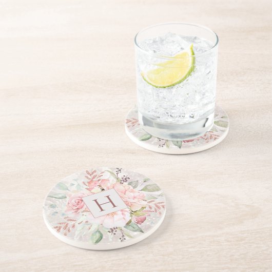 モノグラムエレガントピンクローズピーオンフローラルマーブル コースター (側面)