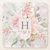 モノグラムエレガントピンクローズピーオンフローラルマーブル スクエアペーパーコースター (正面)