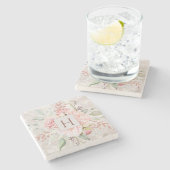 モノグラムエレガントピンクローズピーオンフローラルマーブル ストーンコースター (横)