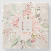 モノグラムエレガントピンクローズピーオンフローラルマーブル ストーンコースター (正面)