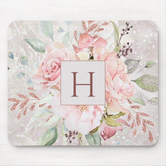 モノグラムエレガントピンクローズピーオンフローラルマーブル マウスパッド (正面)