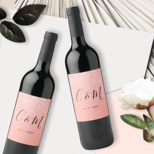 モノグラムエレガントピンク – オレンジグリッター結婚ズ ワインラベル