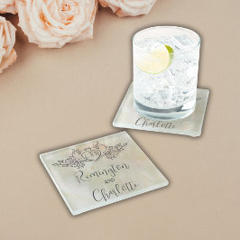 モノグラムエレガントピーチマザーオブパール結婚ズ ガラスコースター