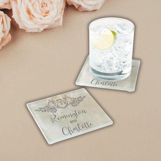 モノグラムエレガントピーチマザーオブパール結婚ズ ガラスコースター