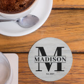 モノグラムエレガントファミリー名イニシャル素朴木造 ラウンドペーパーコースター