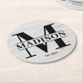 モノグラムエレガントファミリー名イニシャル素朴木造 ラウンドペーパーコースター (アングル)