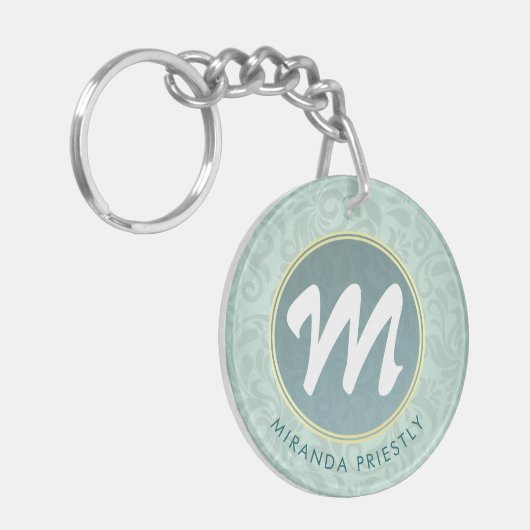 モノグラムエレガントフェイク金ゴールドターコイズダマスクフローラ キーホルダー (正面左)