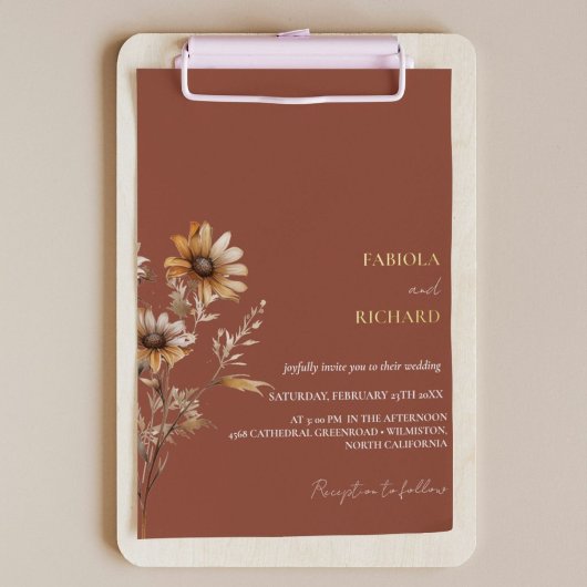 モノグラムエレガントフォトワイルドフラワー結婚ズ 箔招待状