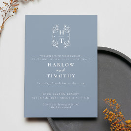 モノグラムエレガントフローラクレストダスティブルー結婚ズ 招待状