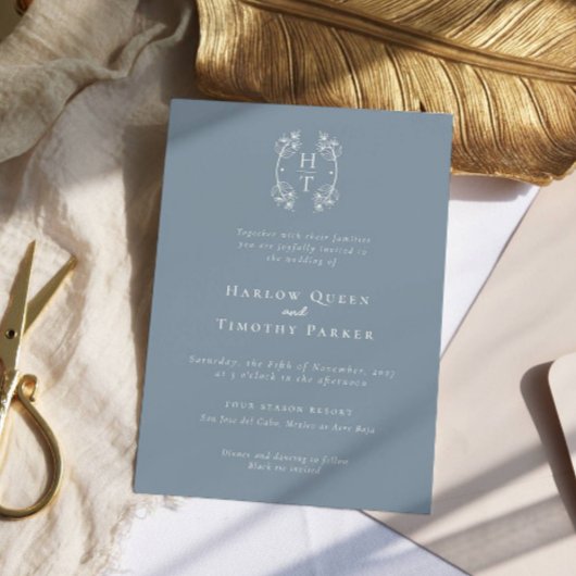モノグラムエレガントフローラクレストダスティブルー結婚ズ 招待状
