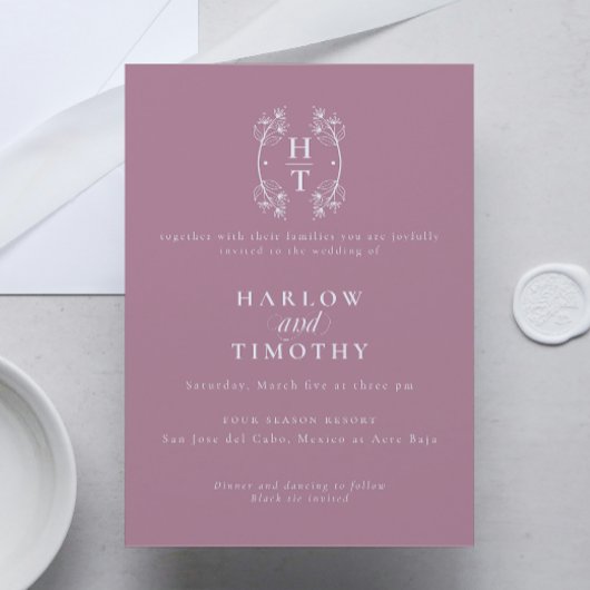 モノグラムエレガントフローラクレストダスティマウヴ結婚ズ 招待状