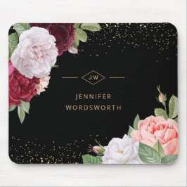 モノグラムエレガントフローラバラピンクブルガンディーブラック マウスパッド