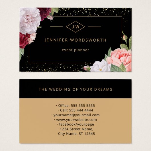 モノグラムエレガントフローラバラブラックビジネスカード (正面&裏面)