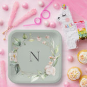 モノグラムエレガントフローラピンクサー結婚ズプレート ペーパープレート (パーティー)