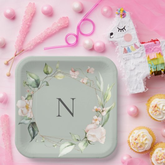 モノグラムエレガントフローラピンクサー結婚ズプレート ペーパープレート (パーティー)