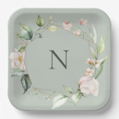モノグラムエレガントフローラピンクサー結婚ズプレート ペーパープレート (正面)