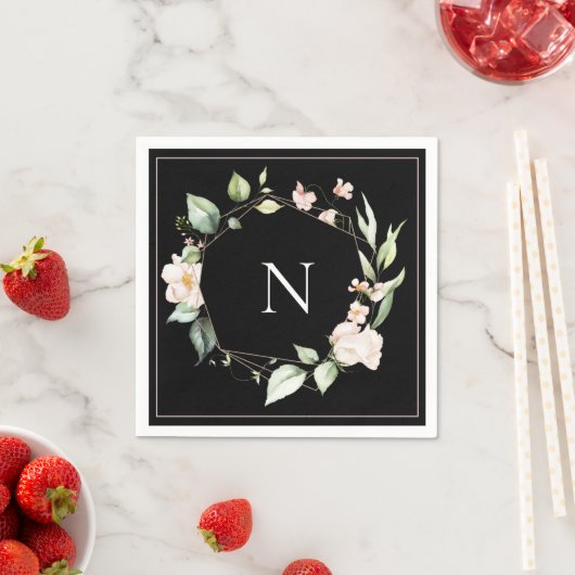 モノグラムエレガントフローラピンクブラック結婚ズナプキン スタンダードカクテルナプキン (インサイチュ)