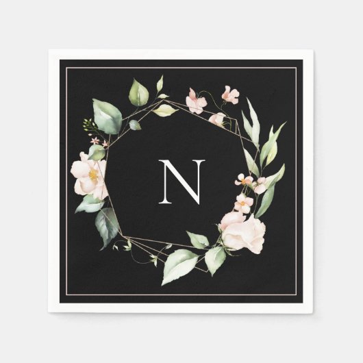 モノグラムエレガントフローラピンクブラック結婚ズナプキン スタンダードカクテルナプキン (正面)